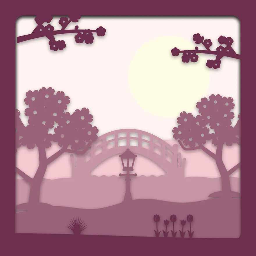 Cherry blossom bridge shadow box: 5 layered sheets seen from the front