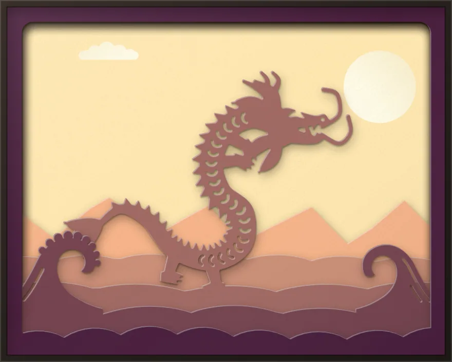 Chinese dragon shadow box: 6 layered sheets seen from the front