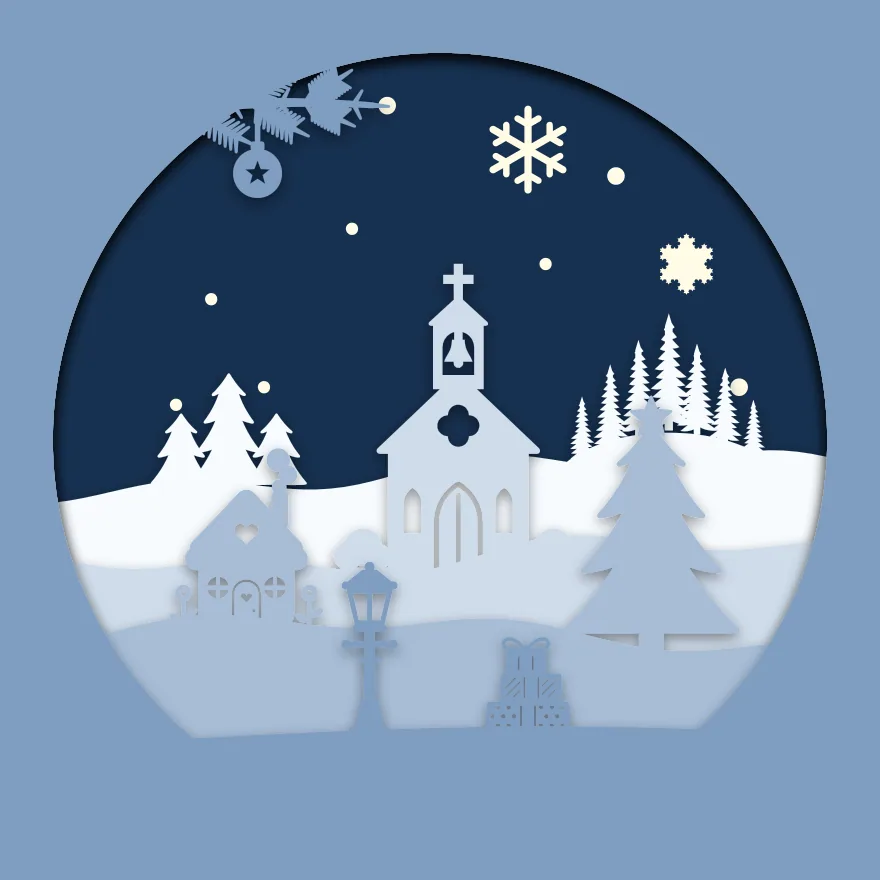 Christmas bauble village shadow box: 5 layered sheets seen from the front