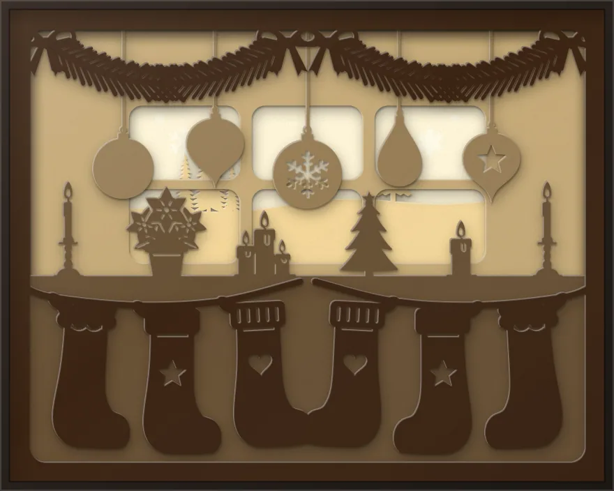 Christmas decorations shadow box: 6 layered sheets seen from the front