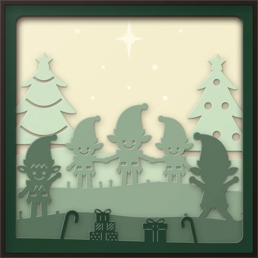 Christmas elves shadow box: 5 layered sheets seen from the front