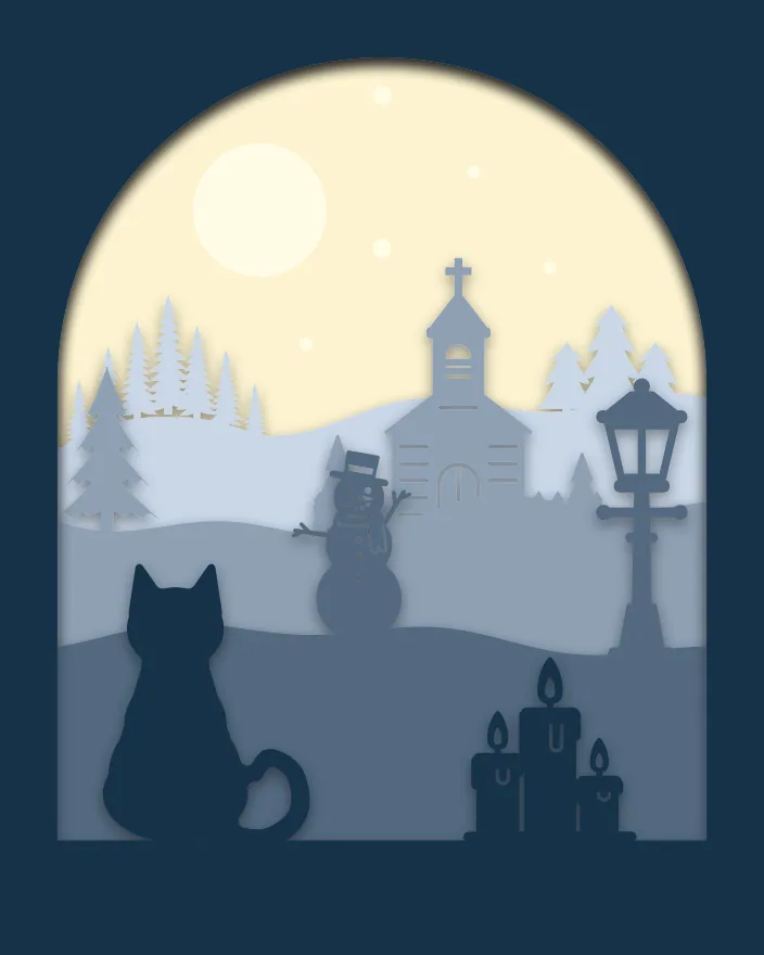 Christmas Eve window shadow box: 5 layered sheets seen from the front