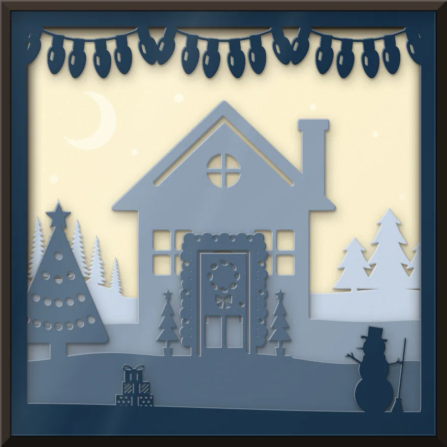 Christmas house shadow box: 5 layered sheets seen from the front