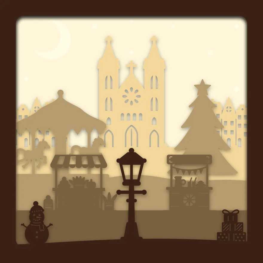 Christmas market shadow box: 5 layered sheets seen from the front
