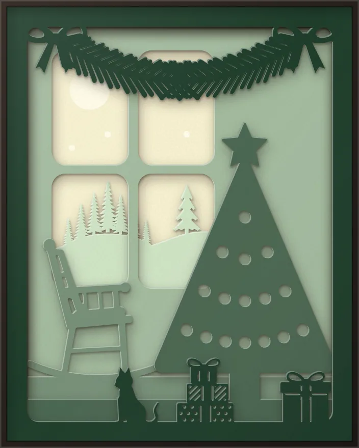 Christmas tree by the window shadow box: 6 layered sheets seen from the front