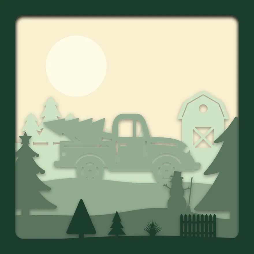 Christmas tree truck shadow box: 5 layered sheets seen from the front