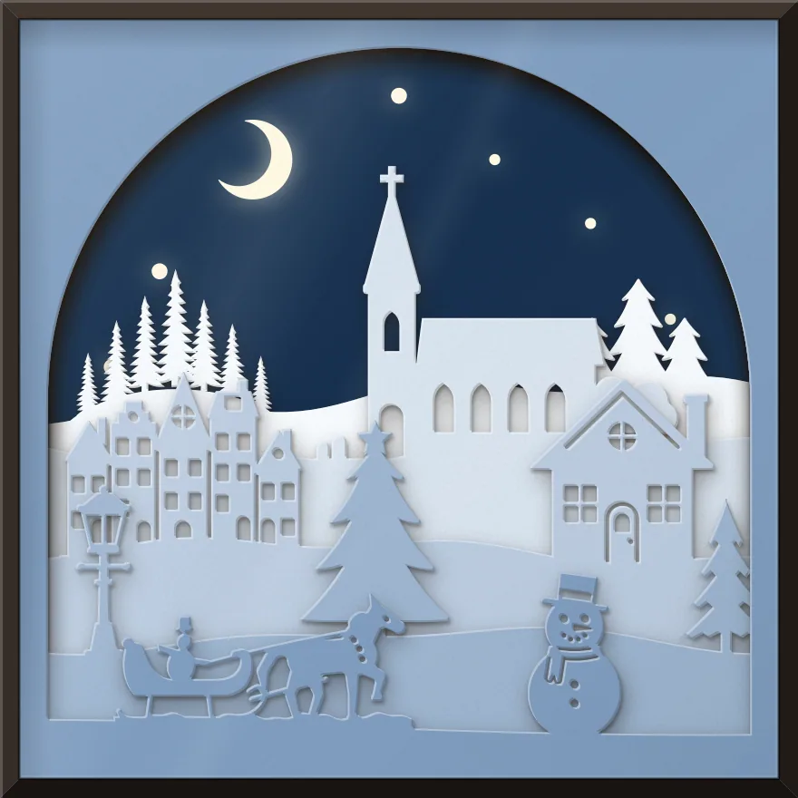 Christmas village for a dome shadow box: 6 layered sheets seen from the front