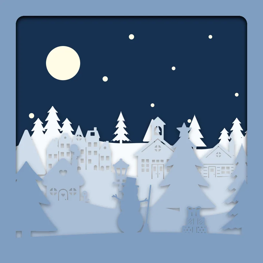 Christmas village shadow box: 5 layered sheets seen from the front