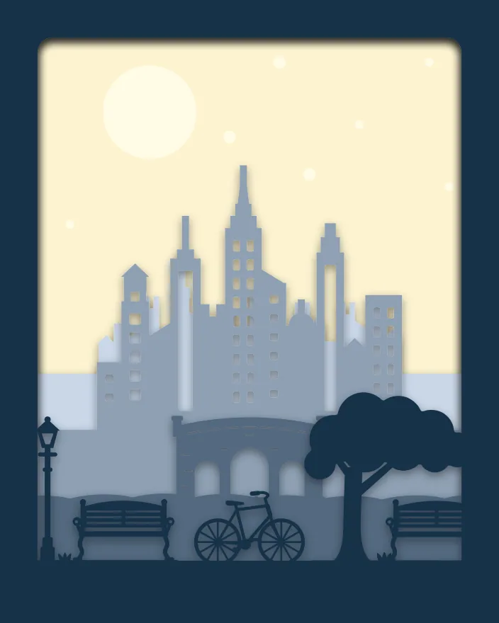 City at night shadow box: 5 layered sheets seen from the front