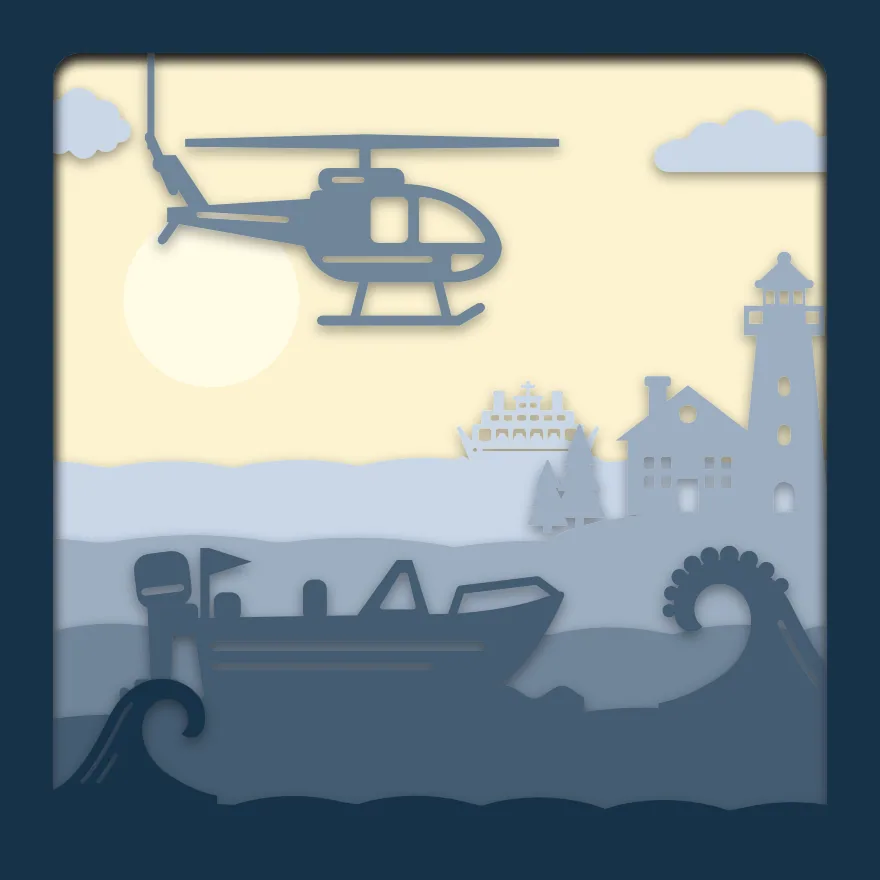 Coastguard rescue shadow box: 6 layered sheets seen from the front