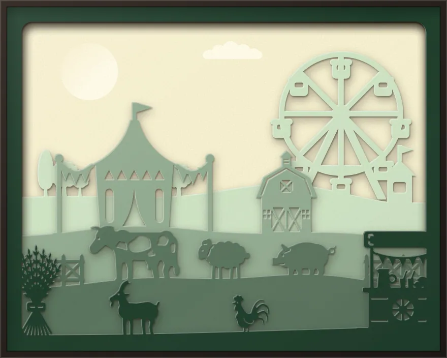 County fair shadow box: 5 layered sheets seen from the front