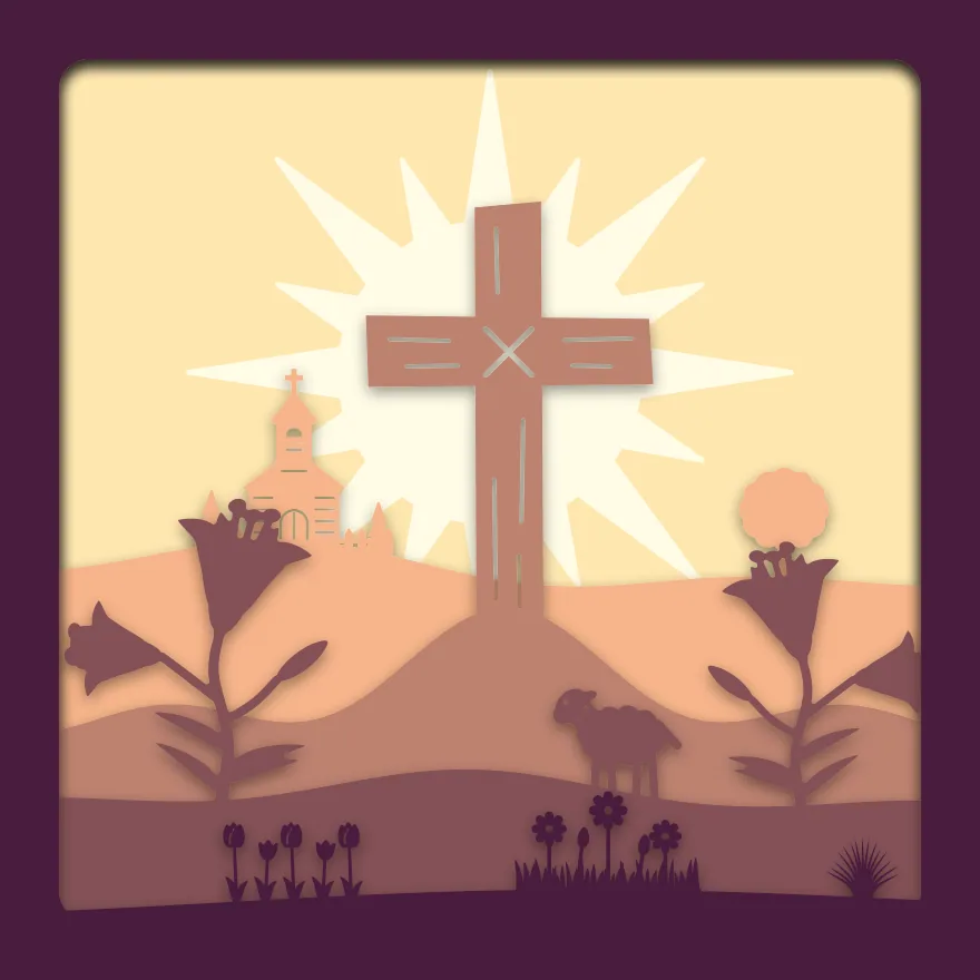 Cross at sunrise shadow box: 5 layered sheets seen from the front