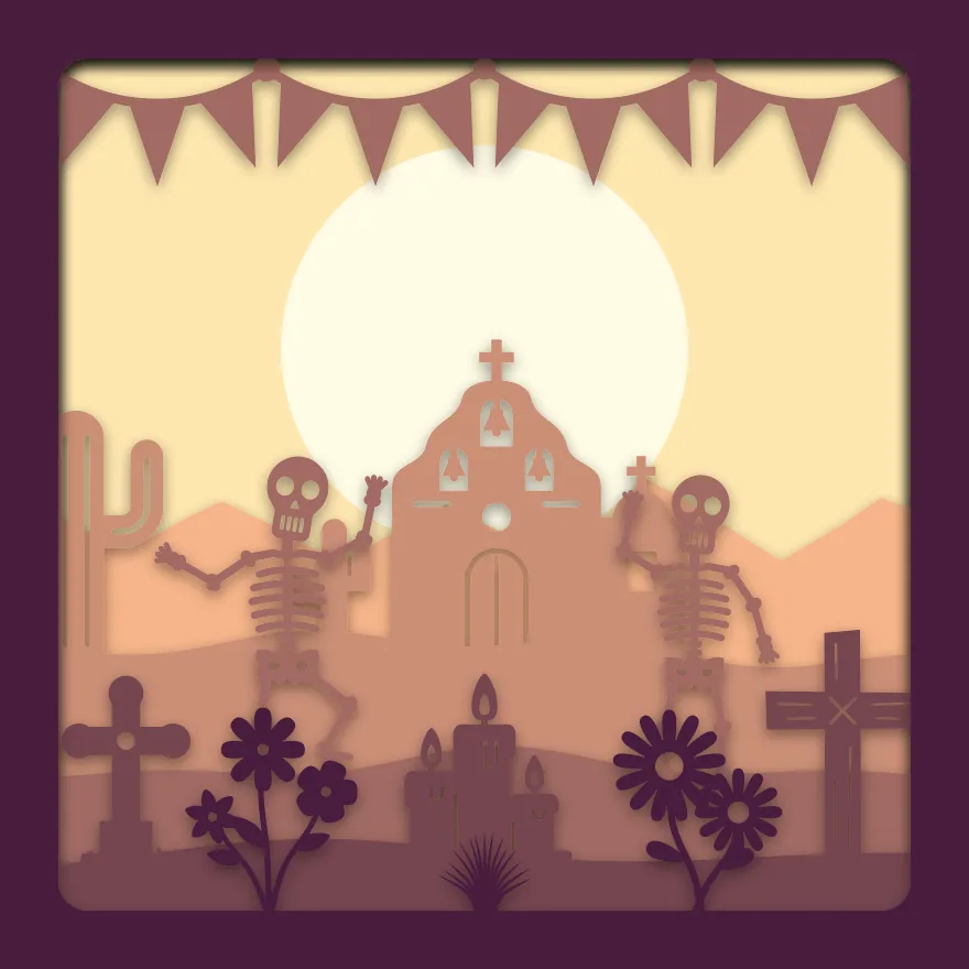 Day of the Dead shadow box: 6 layered sheets seen from the front