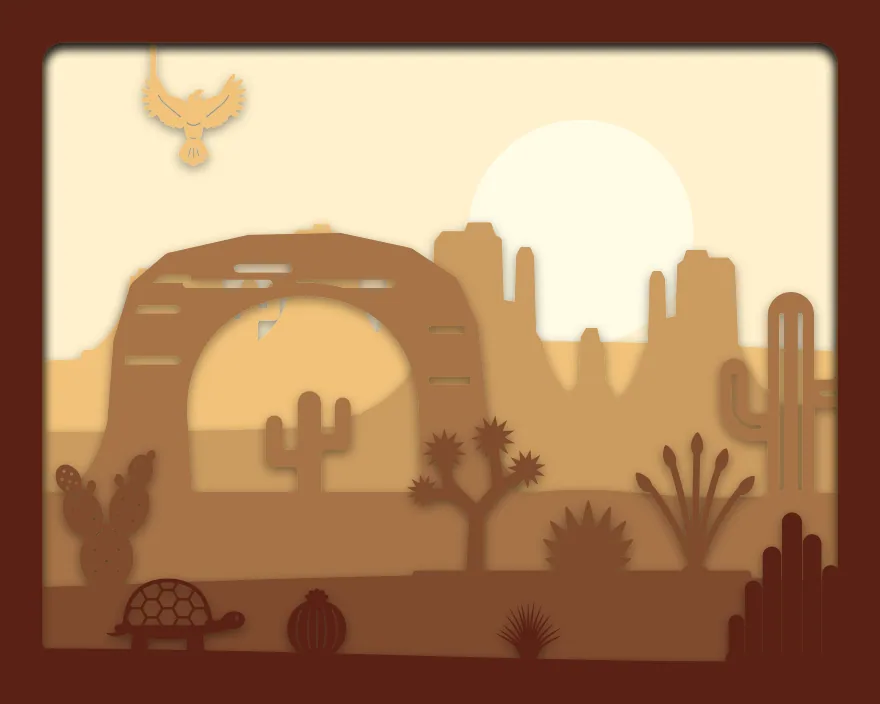 Desert buttes shadow box: 6 layered sheets seen from the front