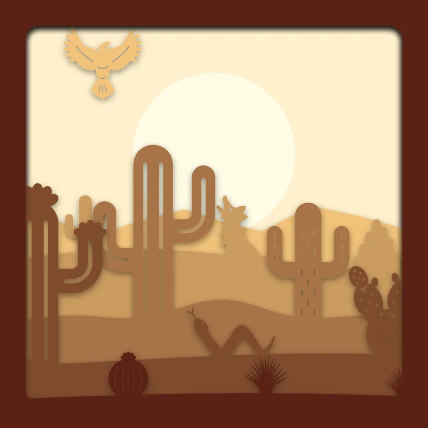 Desert cactus shadow box: 6 layered sheets seen from the front