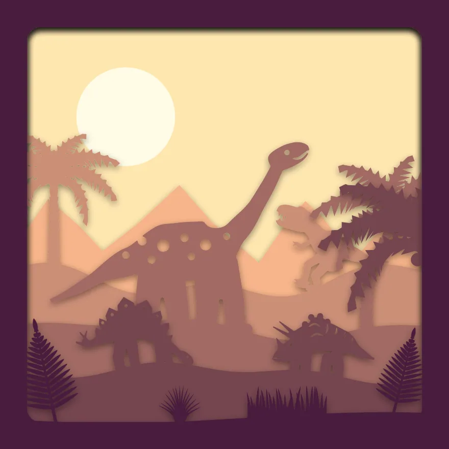 Dinosaur valley shadow box: 6 layered sheets seen from the front