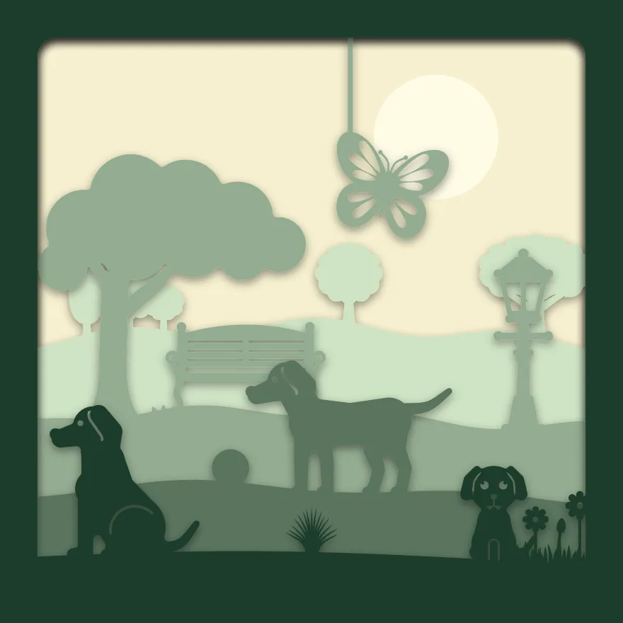 Dog in the park shadow box: 5 layered sheets seen from the front