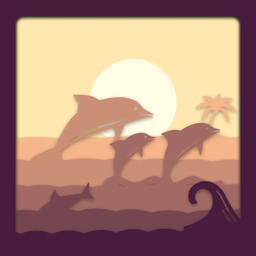 Dolphins at sunset shadow box: 6 layered sheets seen from the front