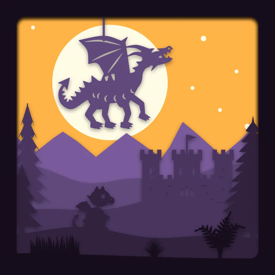 Dragon and castle shadow box: 6 layered sheets seen from the front