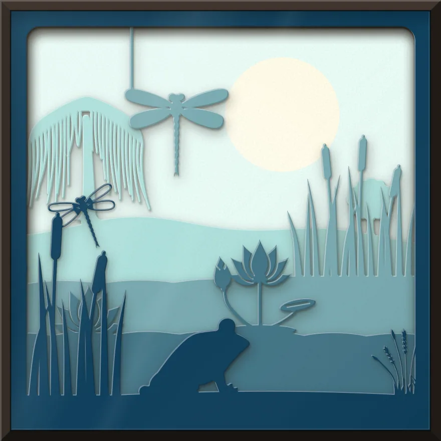 Dragonfly pond shadow box: 5 layered sheets seen from the front