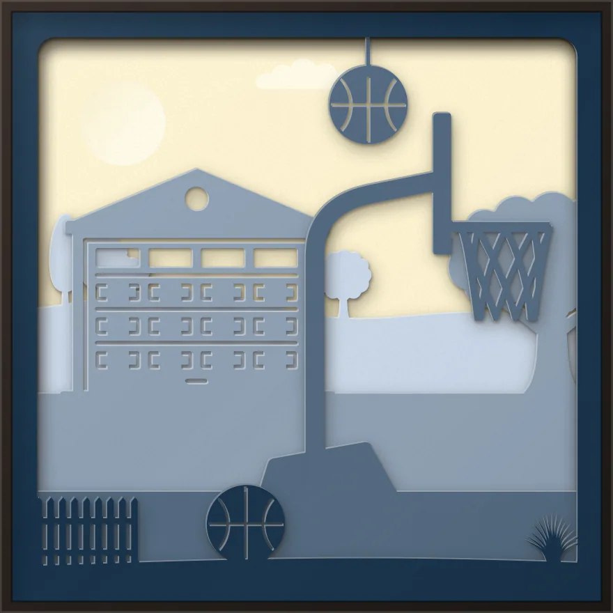 Basketball hoop on the driveway shadow box: 5 layered sheets seen from the front