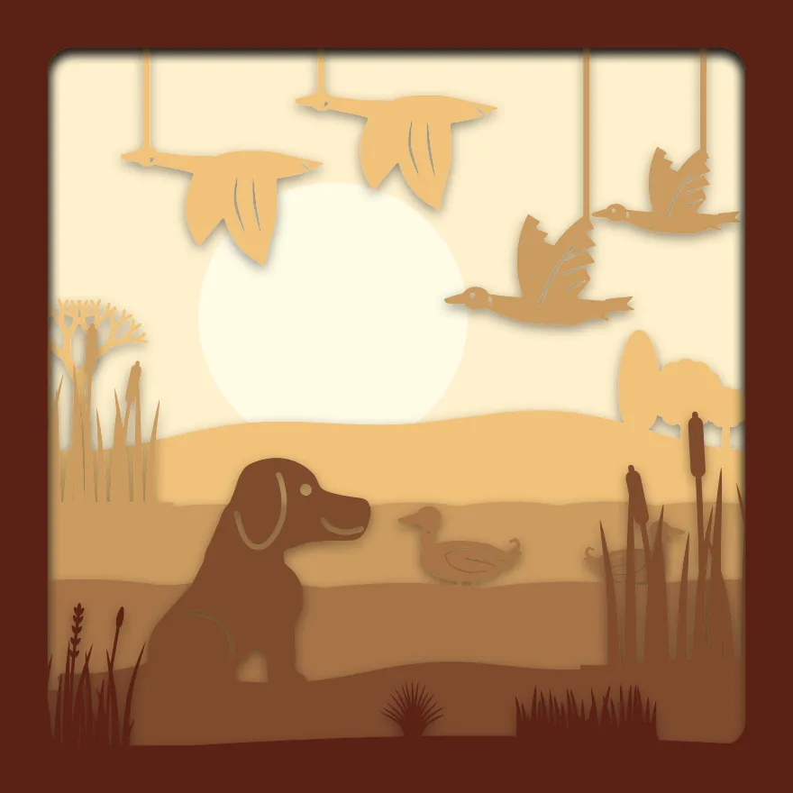 Ducks over the marsh shadow box: 6 layered sheets seen from the front