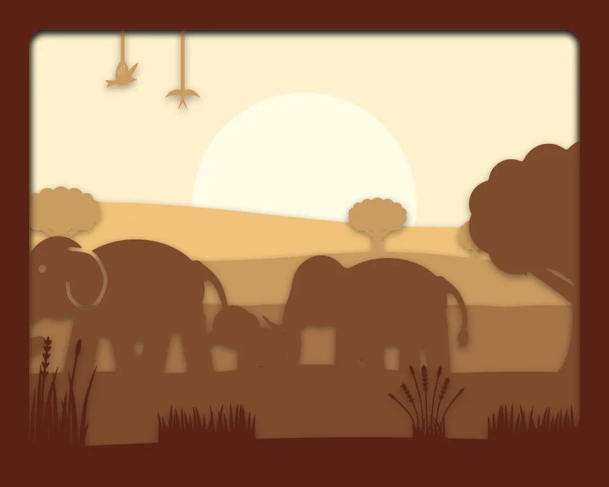 Elephant herd shadow box: 6 layered sheets seen from the front