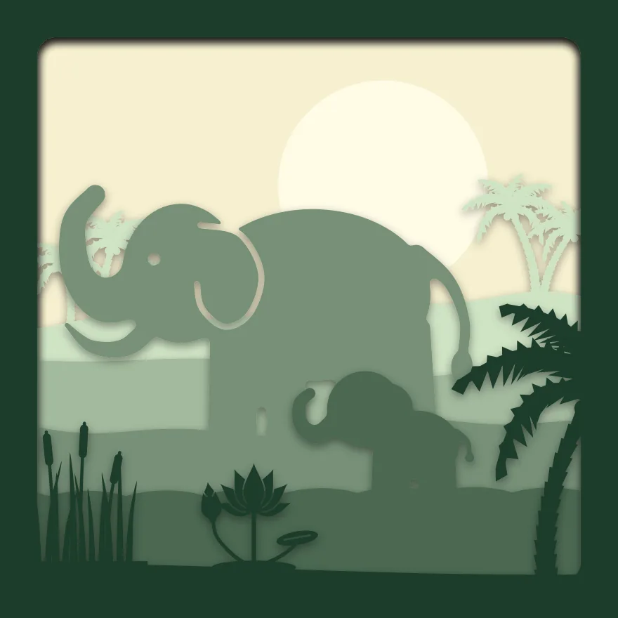 Elephants at the river shadow box: 6 layered sheets seen from the front