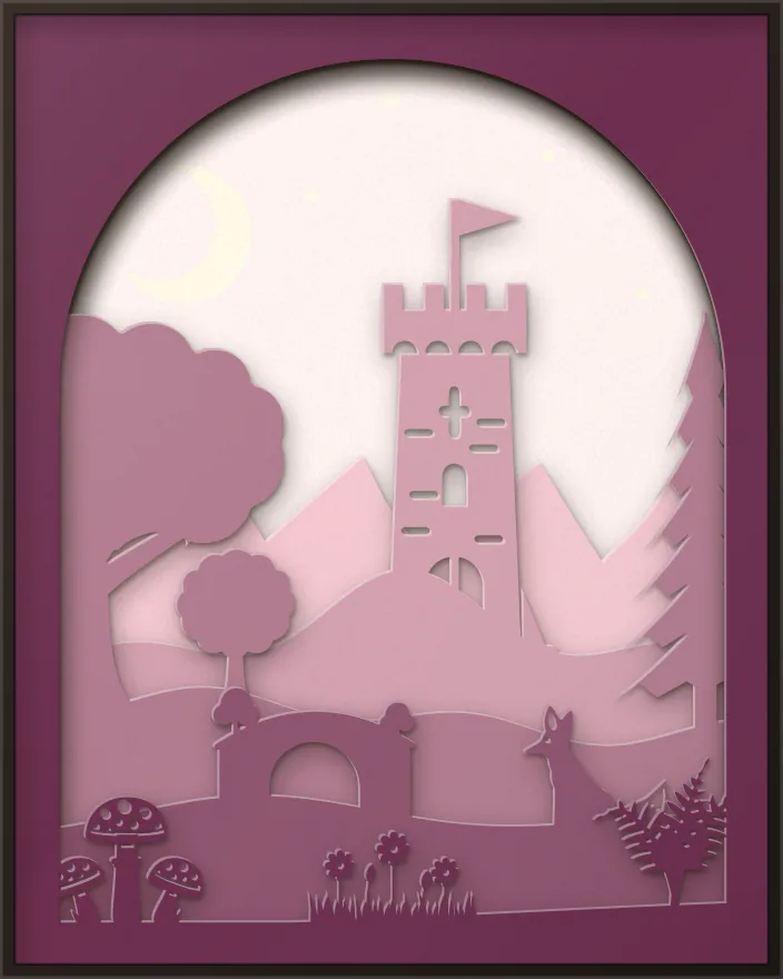 Fairy tale tower shadow box: 6 layered sheets seen from the front