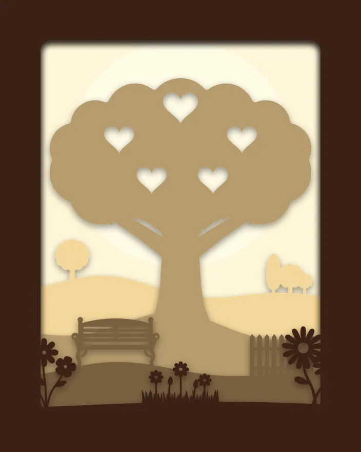 Family tree shadow box: 5 layered sheets seen from the front