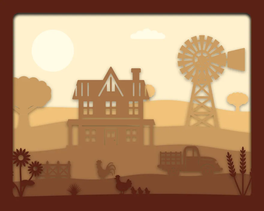 Farmhouse and windmill shadow box: 6 layered sheets seen from the front