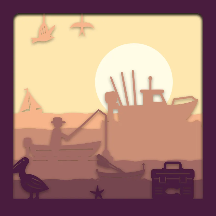 Fishing boats at dawn shadow box: 6 layered sheets seen from the front