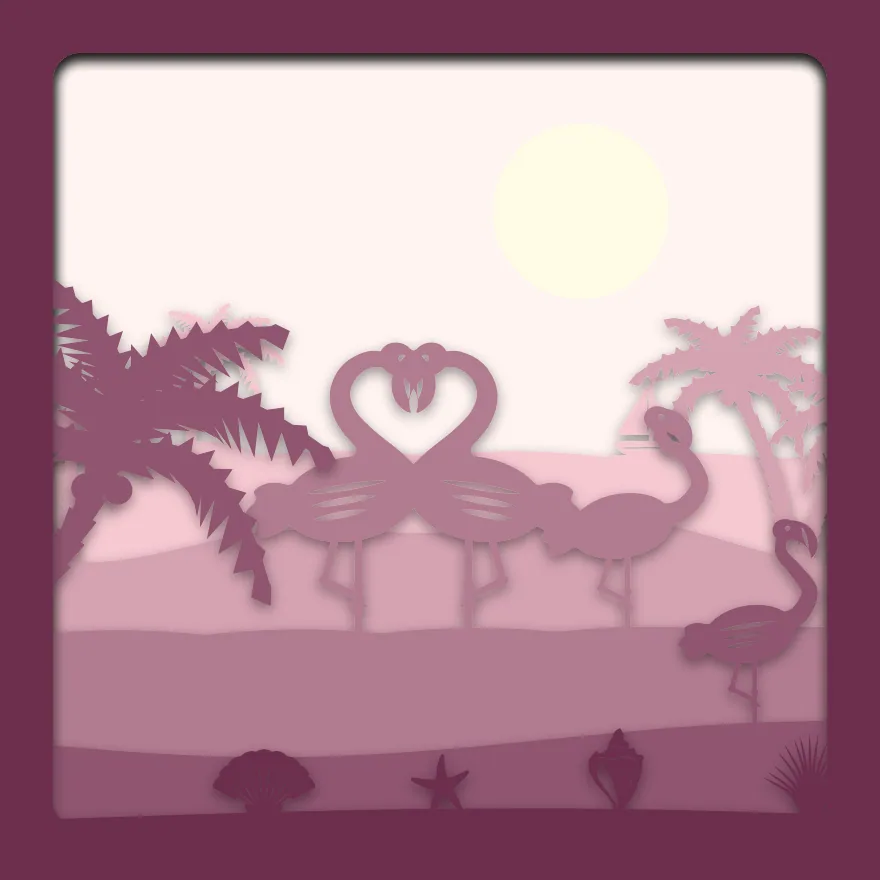 Flamingo beach shadow box: 6 layered sheets seen from the front