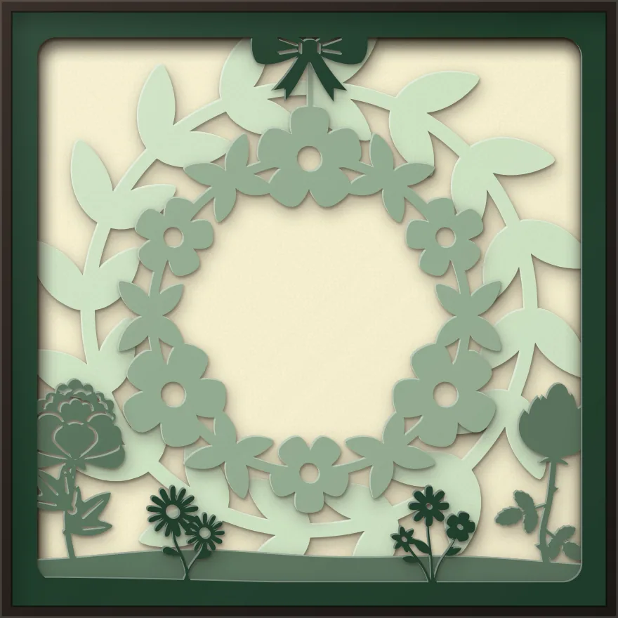 Floral wreath shadow box: 5 layered sheets seen from the front