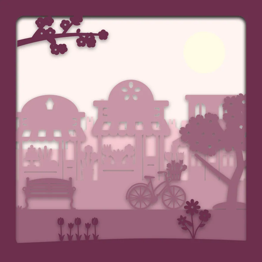 Flower shop shadow box: 5 layered sheets seen from the front