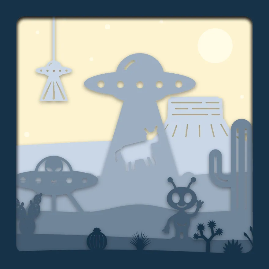 Flying saucer shadow box: 6 layered sheets seen from the front