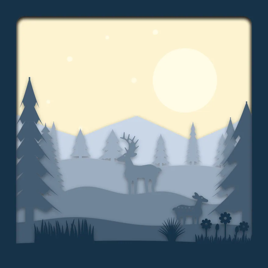 Forest deer shadow box: 6 layered sheets seen from the front