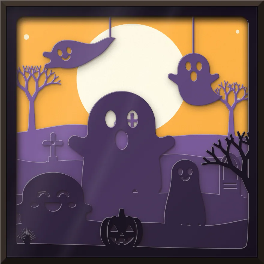 Friendly ghosts shadow box: 6 layered sheets seen from the front