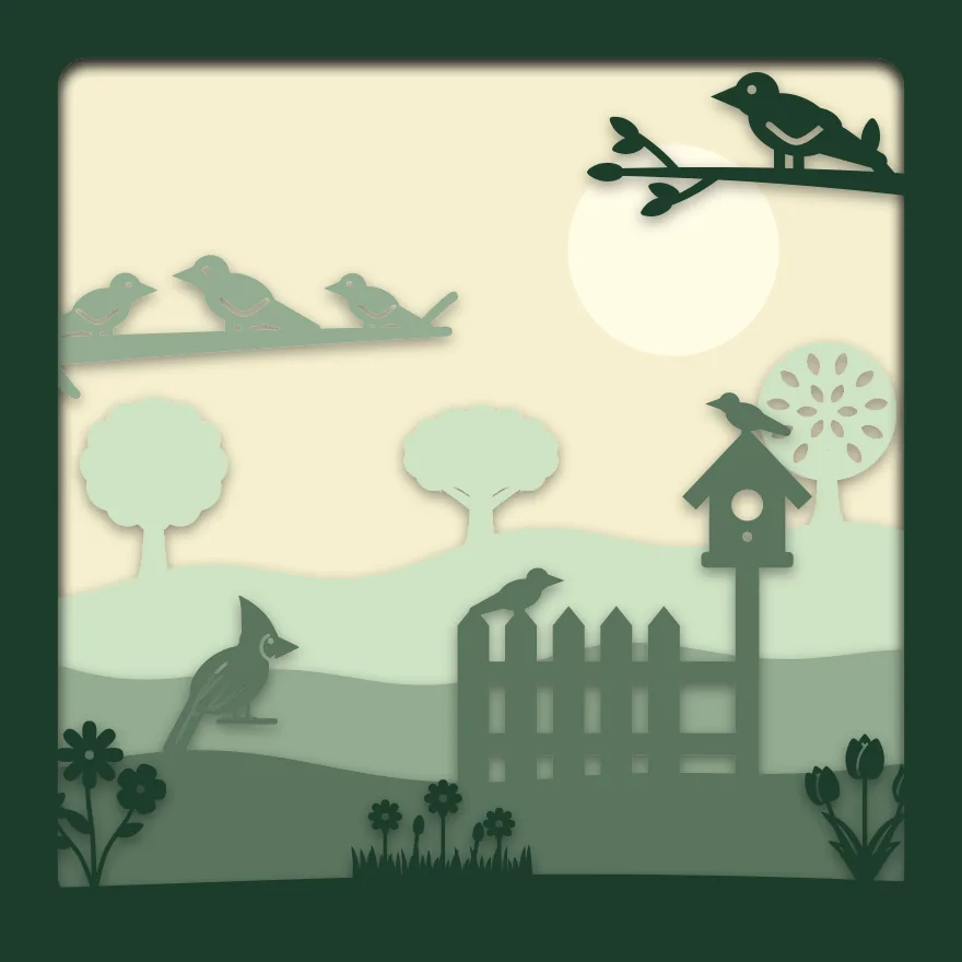 Garden birds shadow box: 5 layered sheets seen from the front