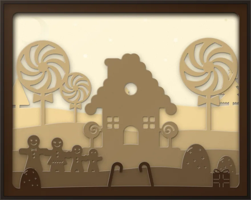 Gingerbread cottage shadow box: 6 layered sheets seen from the front