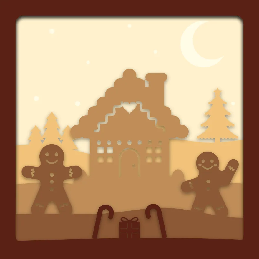 Gingerbread house shadow box: 5 layered sheets seen from the front