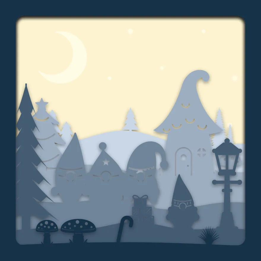 Christmas gnomes shadow box: 6 layered sheets seen from the front