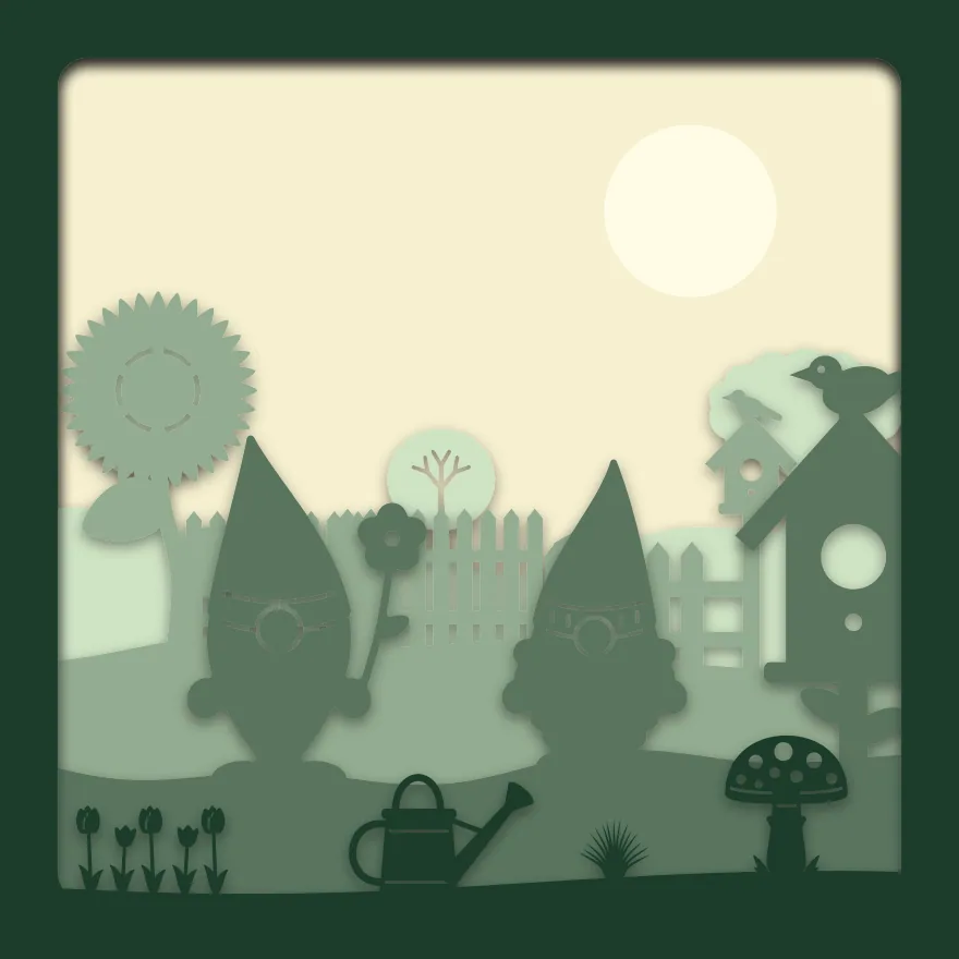 Gnome garden shadow box: 5 layered sheets seen from the front