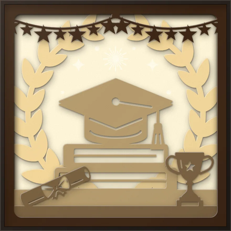 Graduation cap and books shadow box: 5 layered sheets seen from the front