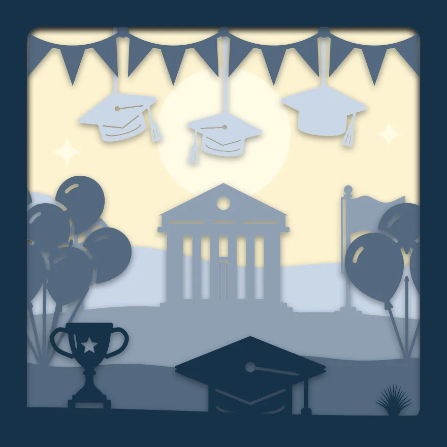 Graduation day shadow box: 5 layered sheets seen from the front