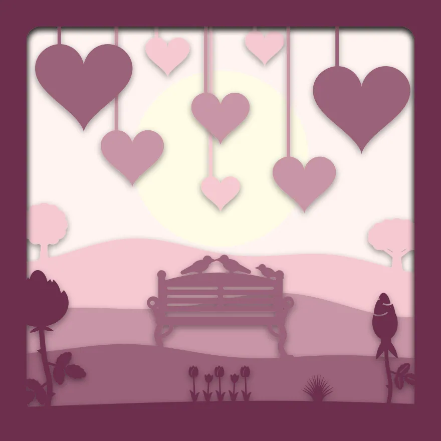 Hanging hearts shadow box: 5 layered sheets seen from the front