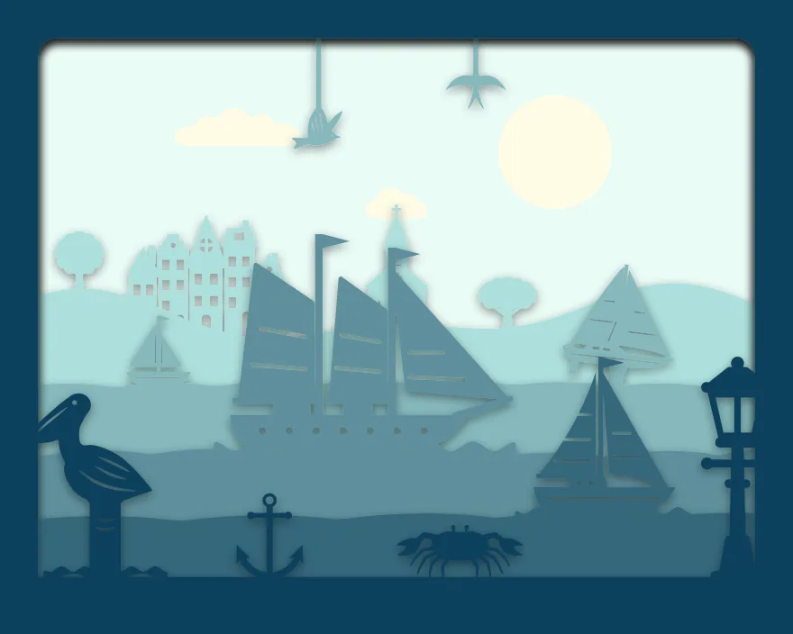 Harbour shadow box: 6 layered sheets seen from the front