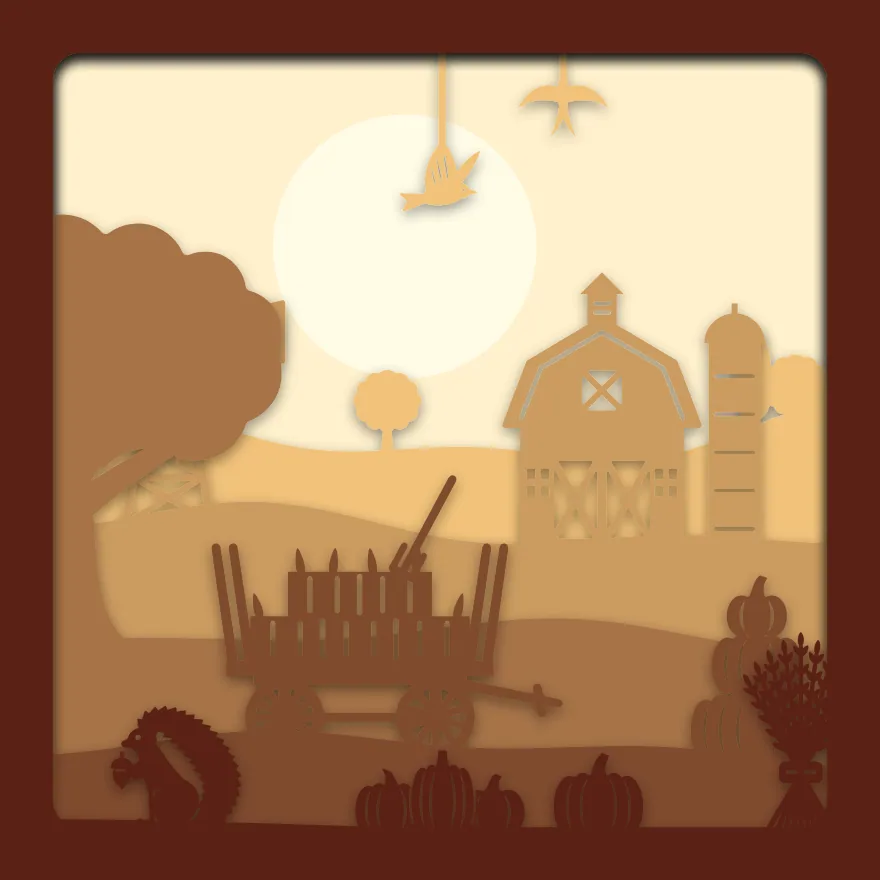 Harvest hay wagon shadow box: 6 layered sheets seen from the front