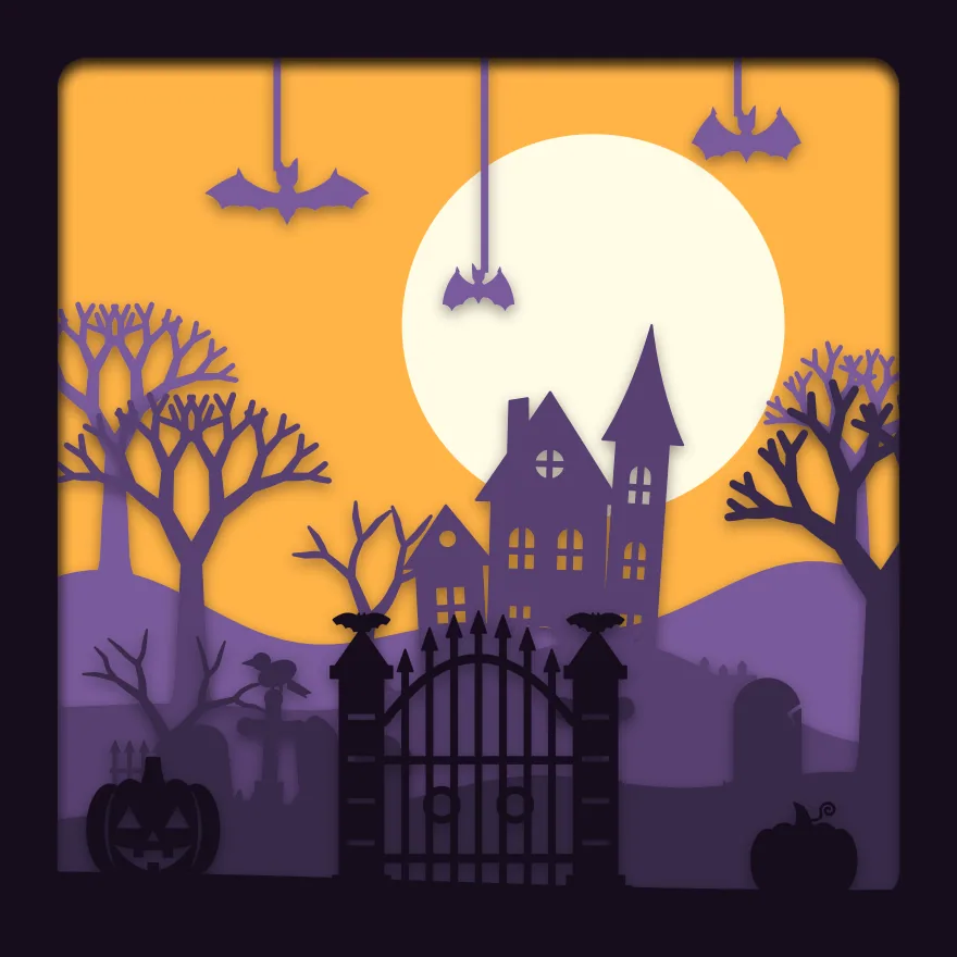 Haunted house shadow box: 5 layered sheets seen from the front