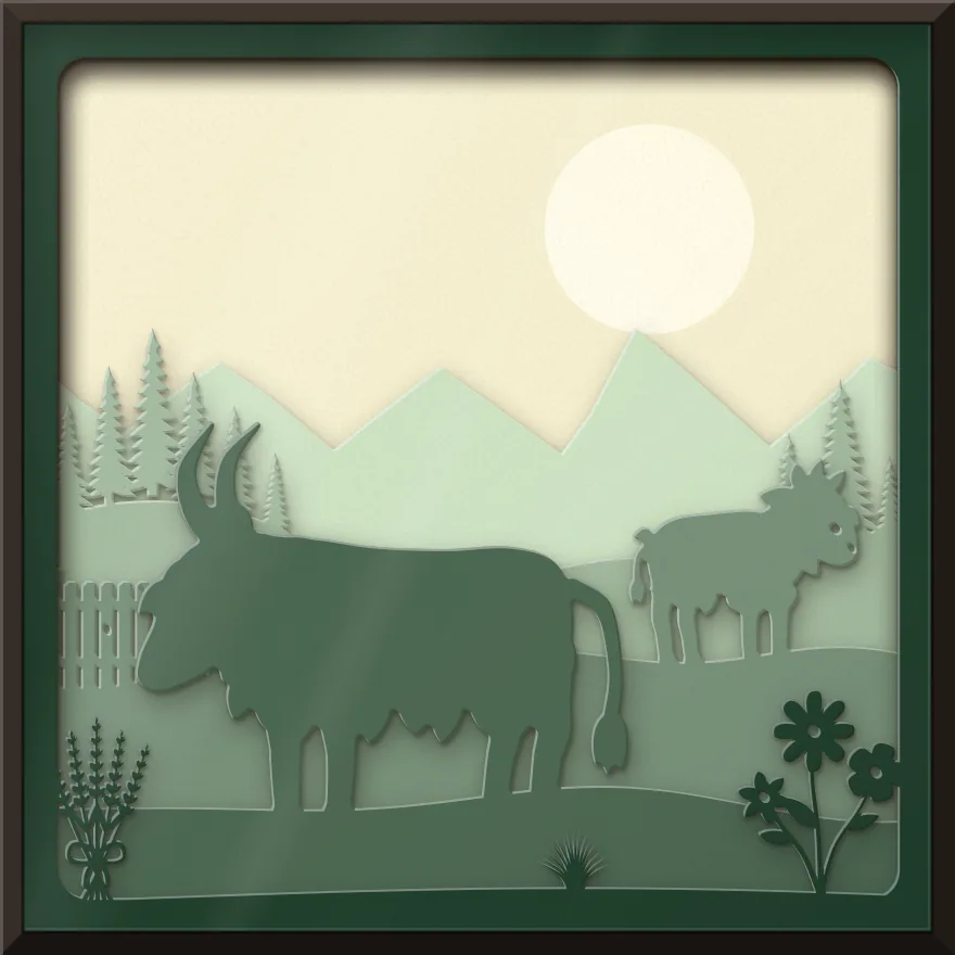 Highland cow shadow box: 6 layered sheets seen from the front